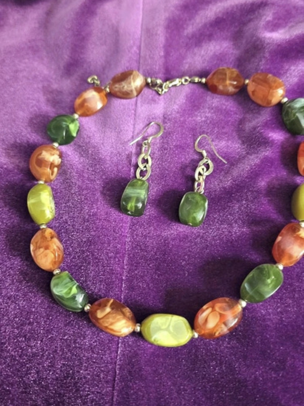 Beaded Necklace & Earrings in Green & Orange